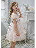 Short Sleeves Pink Dotted Tulle V Back Flower Girl Dress